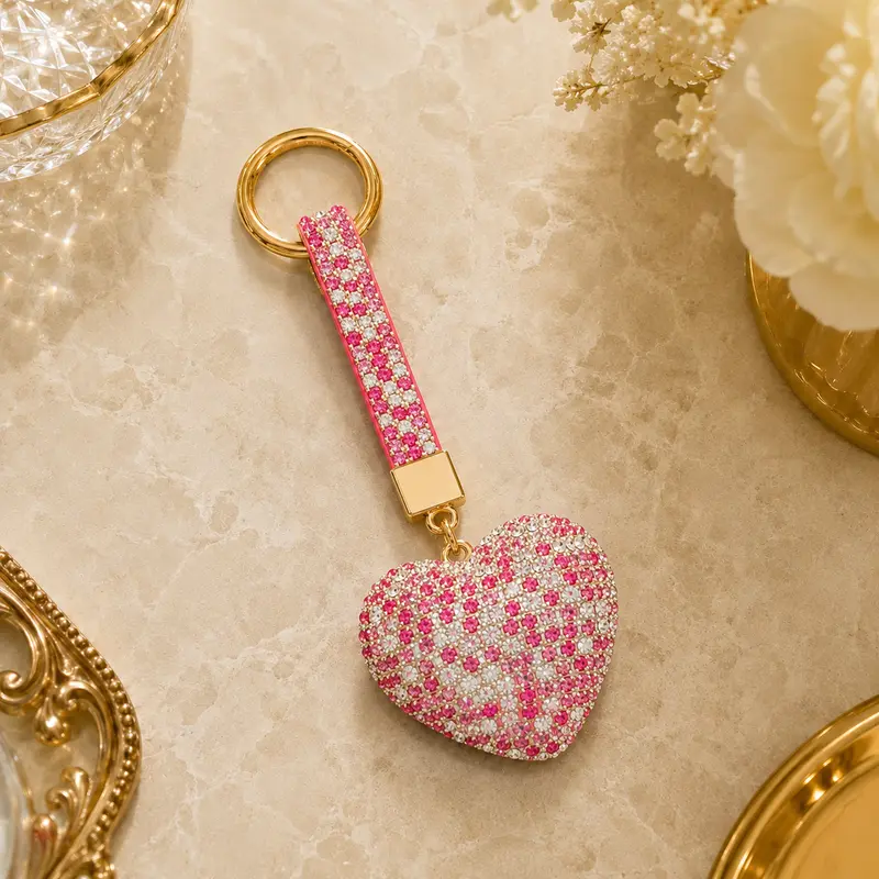 Pink Heart Decorative Metal Keychain with Crystal-Style Accents