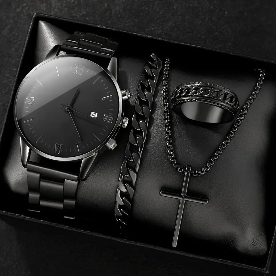 4-Piece Men's Black Quartz Watch & Jewelry Gift Set