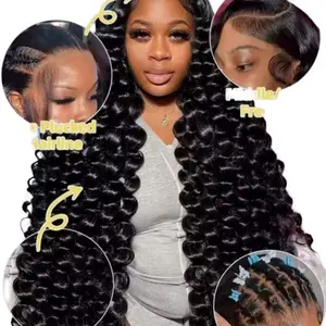 13x6 HD Lace Loose Deep Wave Human Hair Wig Natural Black Color Long Curly Synthetic Hair Replacement