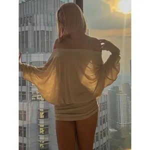 Summer Basic Women's Sheer Ruched Party Dress, Off-The-Shoulder Long Sleeve Women's Mini Dress for Spring & Fall Casual Fashion Minimalist Womenswear