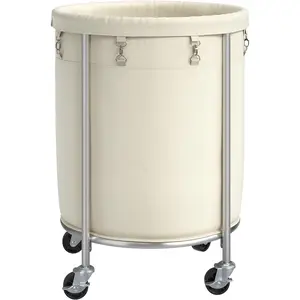 Laundry Basket with Wheels, 170L Rolling Laundry Hamper with Removable Bag and Steel Frame, Round Laundry Cart with 4 Casters and 2 Brakes, Ideal for Bedroom, Bathroom, Laundry Room, Cream
