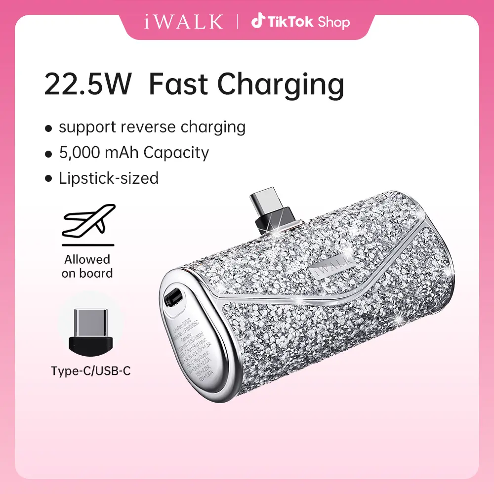 iWALK Sparkly Portable Charger - 22.5W 5000mAh Power Bank, Compact USB-C Cable Connector, Fast Charging for iPhone 17/16/15, Durable Lithium Battery Travel Gadget, Mini Purse Accessories, Tech Deals Cool Gadgets for Smartphones & Electronics