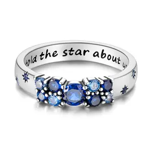 MULA 925 Silver-plated Star Code Ring | Hidden Message Engraving and Blue Zirconia Sparkle | Celestial Inspired Jewelry for Women