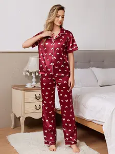 Women's Satin Sleepwear Pajama Set, Heart Print Design, Soft Fabric, Perfect for Valentine's Day & Casual Wear, All-Season Fitted Comfortable Fit, Loungewear