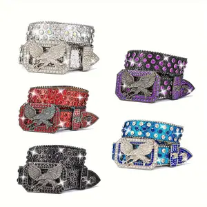 Eagle Rhinestone Studded Western Cowboy Leather Belt - Multi-Color Rivet Design for Jeans, Statement Belts, Waist Accessories