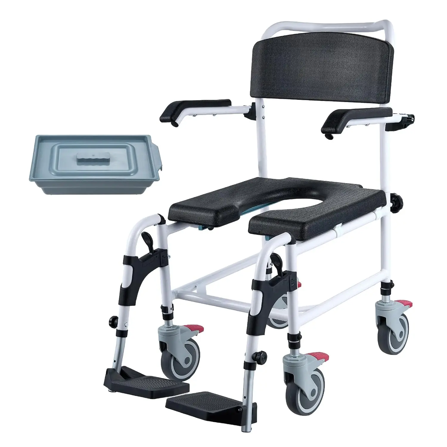 VEVOR Aluminum Shower Commode Wheelchair - Unisex, 4 Lockable Wheels, Footrests, Flip-up Arms, 3-Level Adjustable Height, 5L Removable Bucket, 350 LBS Capacity, Shower Chair for Elderly, Pregnant Women, Seniors