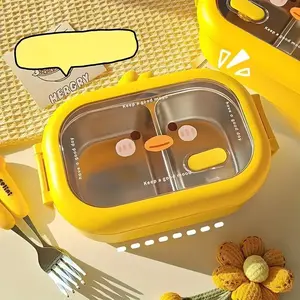 33.81 oz Stainless Steel and Plastic Insulated Thermal Durable Lunch Box with Yellow Duck Design, Leakproof insulated lunchbox - Microwave Safe, Leak-Proof, Portable Bento Box for Work, Picnics, School Meals, Leak-Proof Compartments