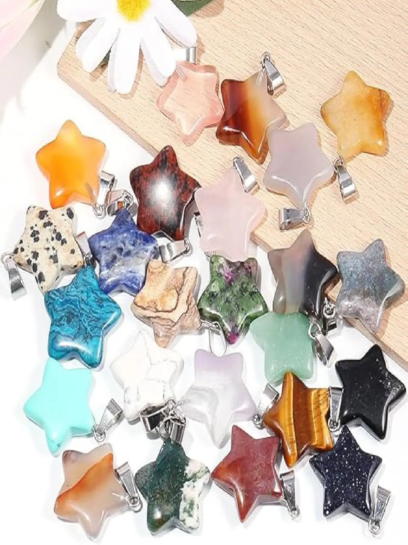 25 Piece Star Stone Pendants Healing Crystal Stones Mineral Gemstones Chakra Beads Random Mix for Necklace Jewelry Making Unique Crystals DIY Pendants