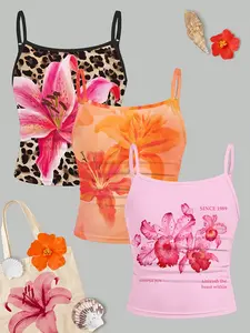 3-piece set - Fashionable and versatile Fitted pleated waist Floral Print tank top for teenagers and girls, suitable for summer and daily versatility