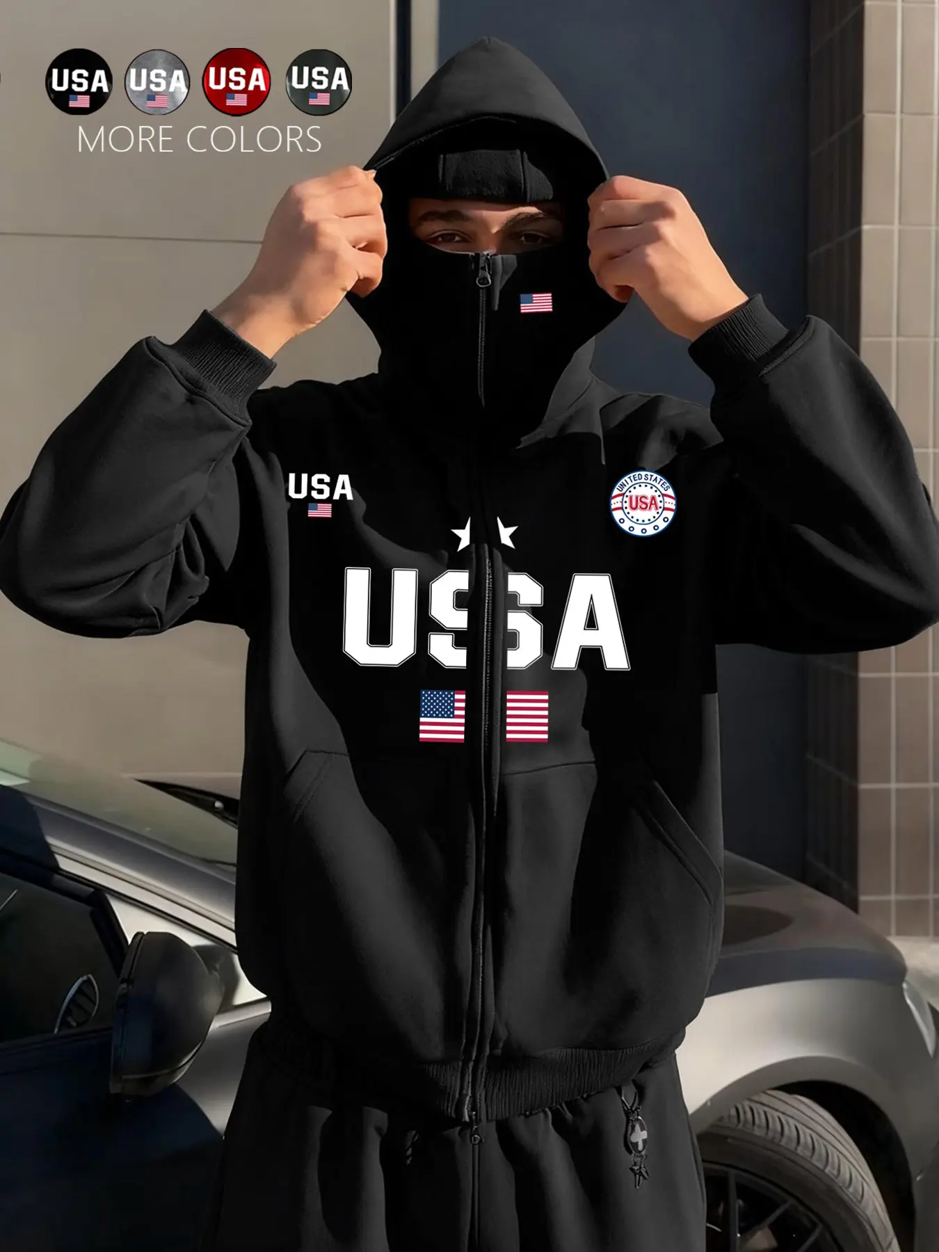 Unisex design, street style, face-covering Balaclava hat combined with an autumn/winter-style hoodie, loose-fitting sweatshirt, street-style mask hoodie, windproof, double-layered hooded jacket – suitable for outdoor activities, motorcycle trips, and stre