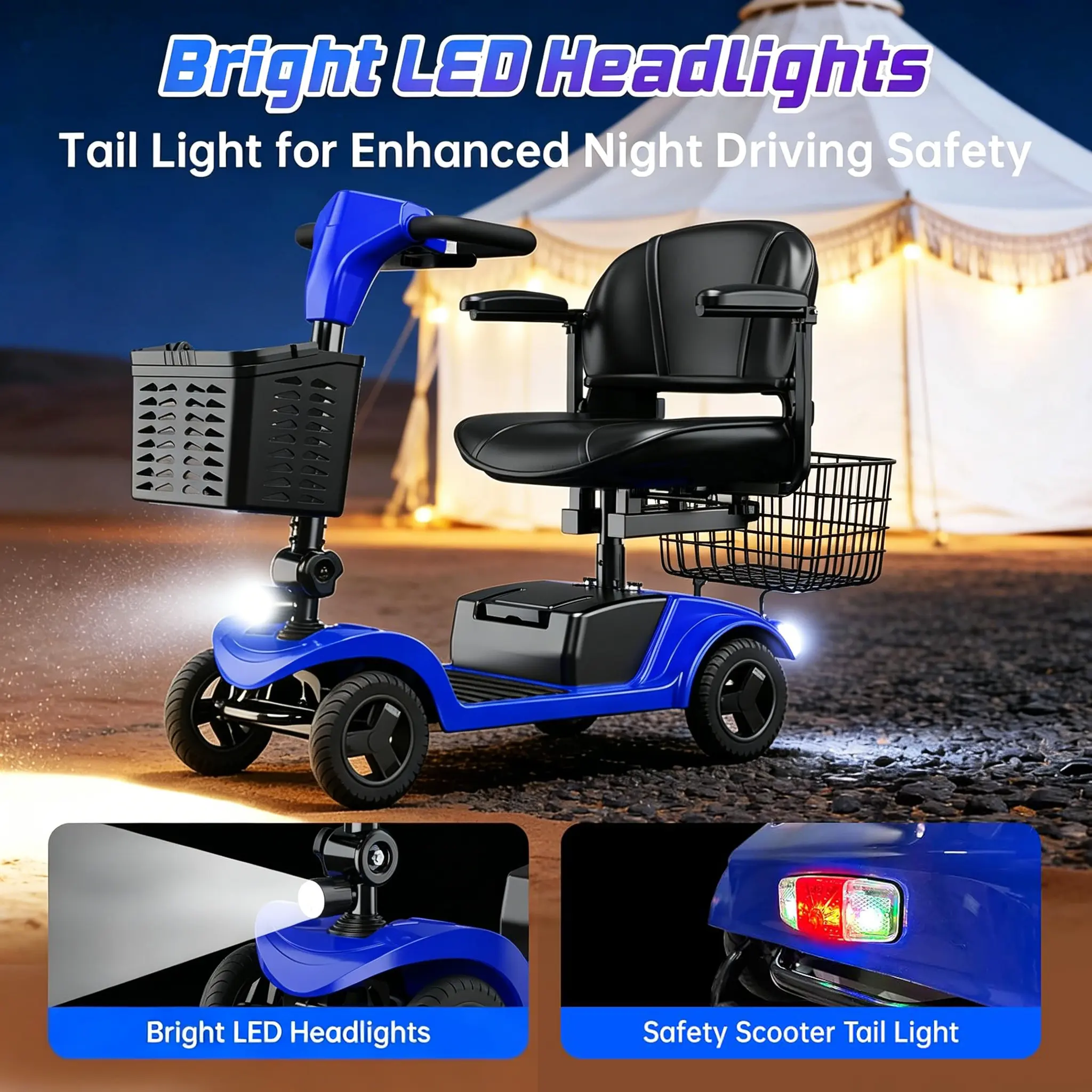 Adult 4-Wheels Motorized Mobility Scooter - 300 lbs Capacity, 350W Power, Rechargeable Detachable Battery, Dual Baskets, Included Charger, Lightweight Portable Elderly Medical Mobility Aid