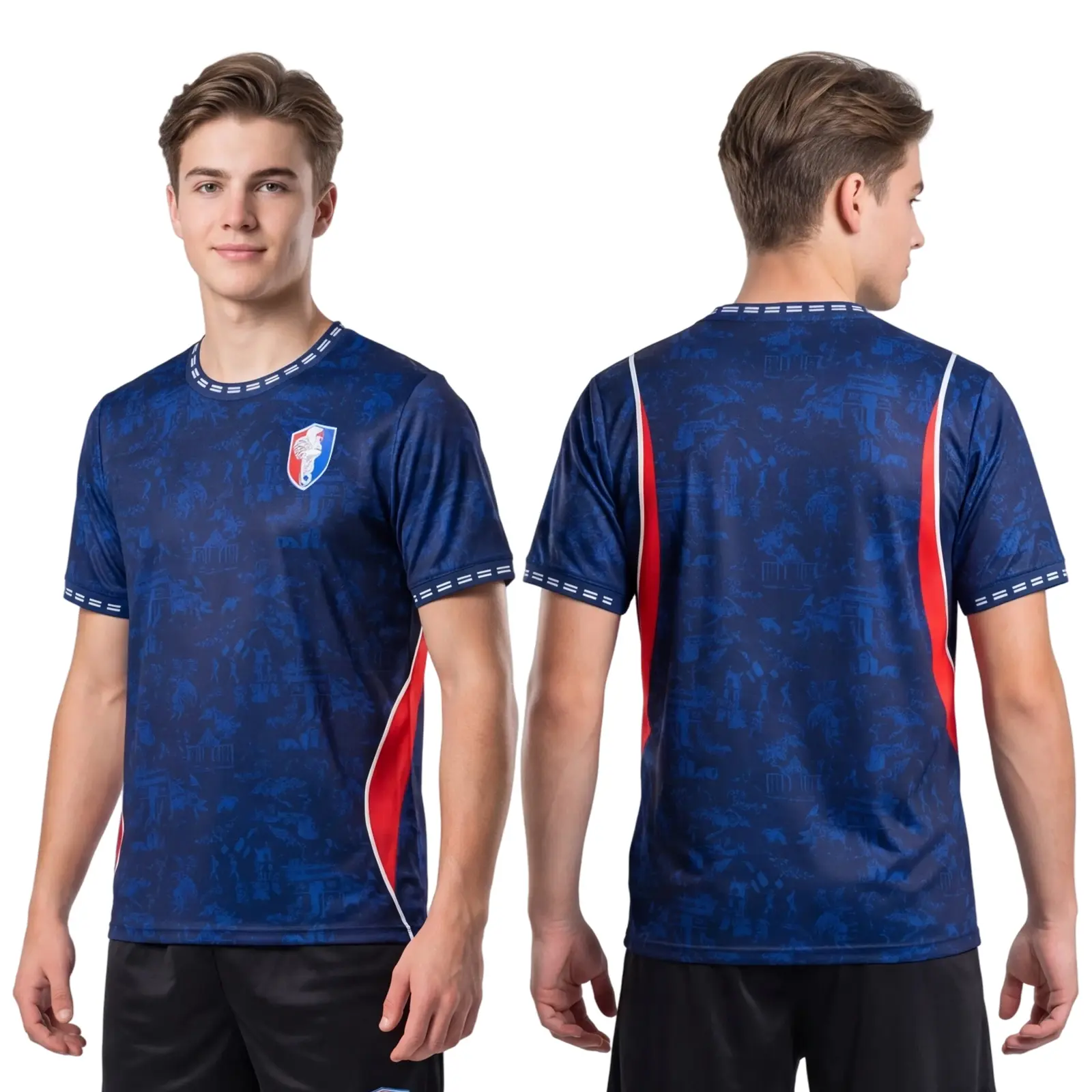 Men Navy Blue City Print Short Sleeve Soccer Jersey Red Side Stripe Casual Sport Fan Football T-Shirt