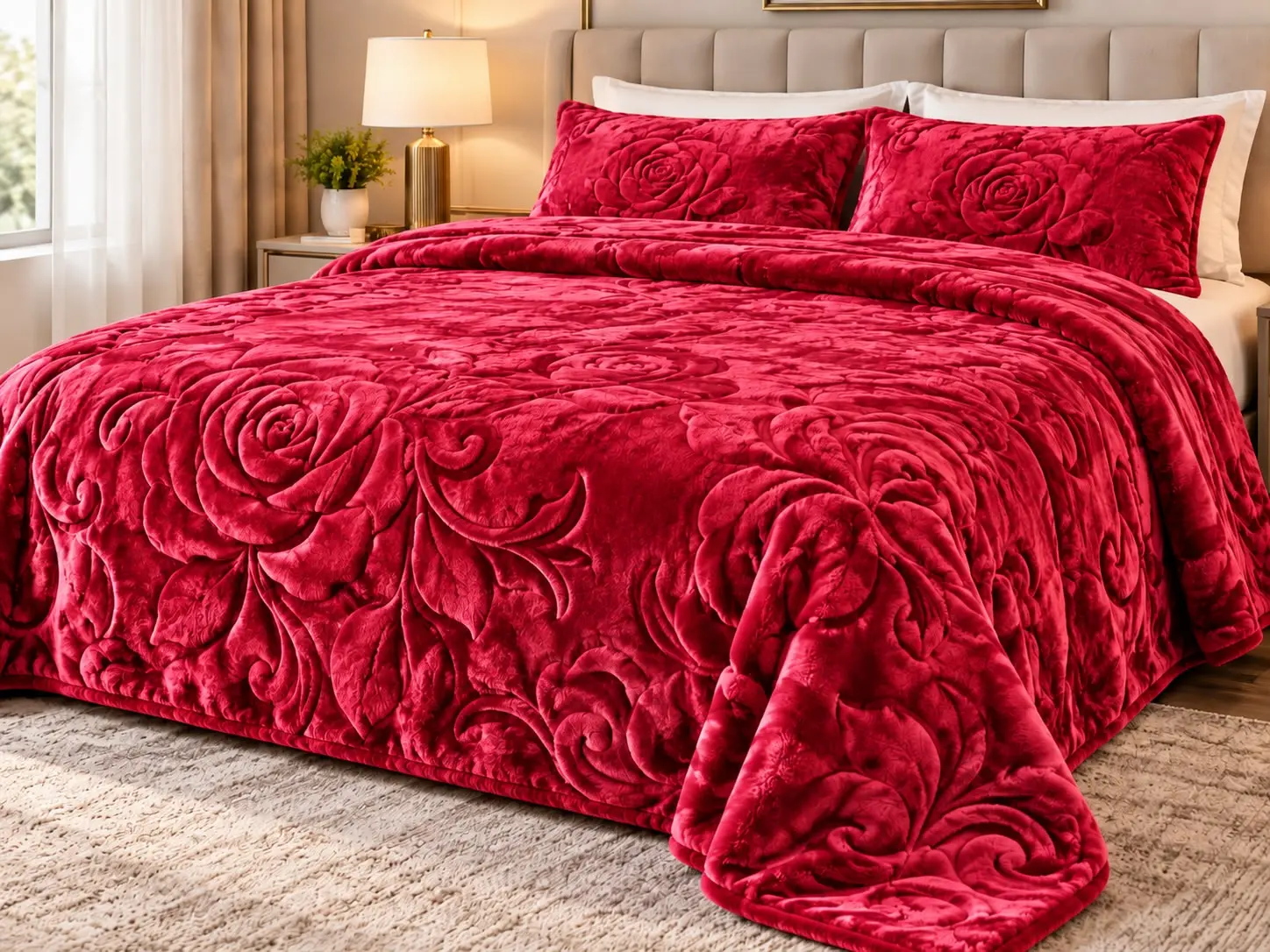 LUXURY 10LB HEAVYWEIGHT CARVED PLUSH BLANKET RED KING