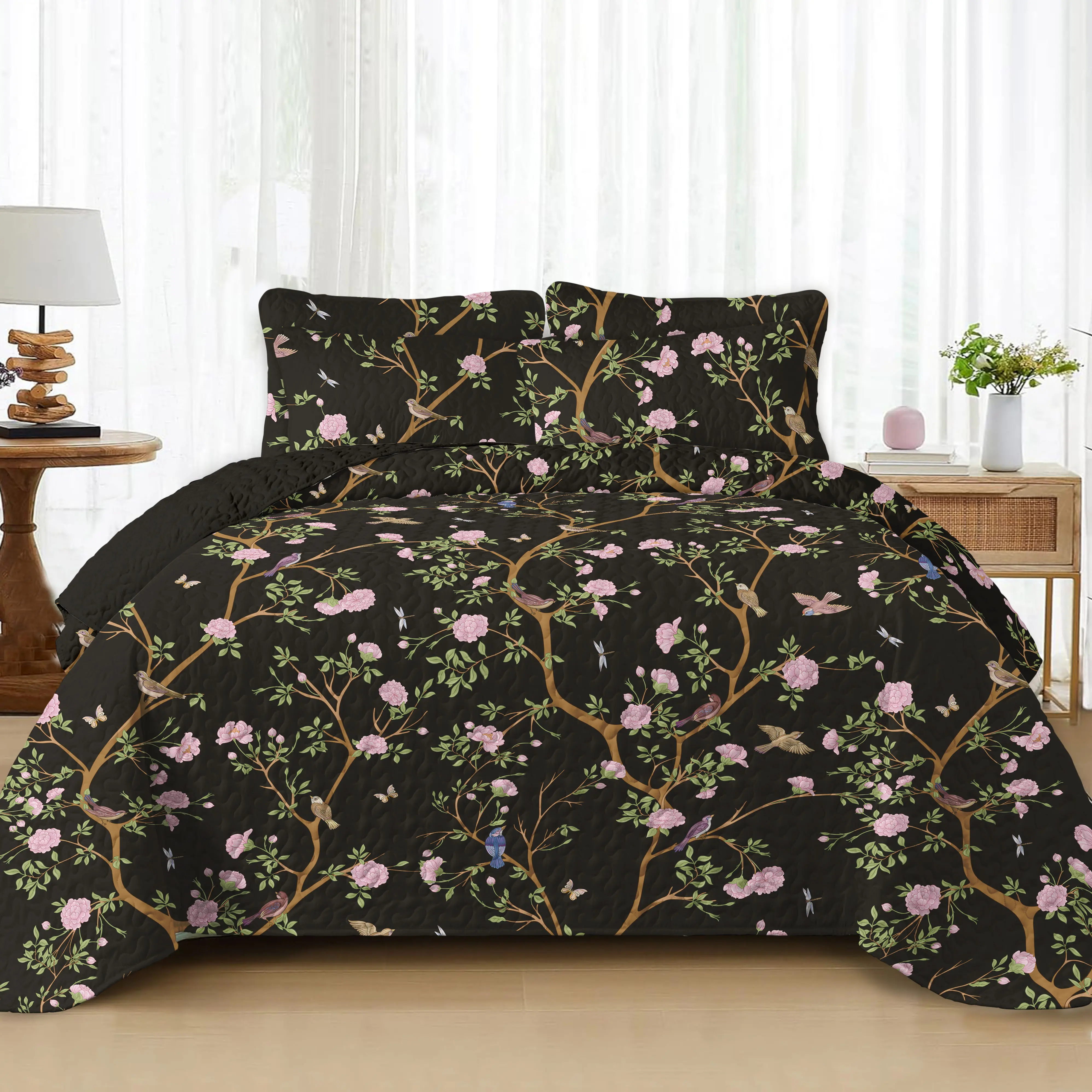 Modern Aesthetic 3-Piece Breathable Decorative Flower Quilt Set - Ultra-Thin Fresh Floral Bed Comforter, 3-Side Scalloped Edge, Machine Washable All-Season Bedding Set, Breathable Quilt Set, Decorative Bedding Set