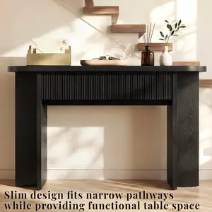 OMCHOM 55"Fluted Console Table with 2 Drawers, Narrow Entryway Table with Rounded Corners, Heavy-Duty Wooden Sofa Side Table, Versatile Accent Table for Hallway, Foyer, Living Room, Black