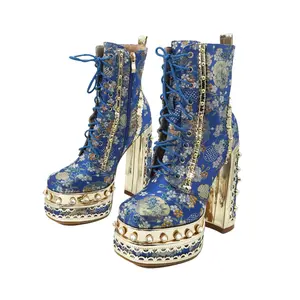 Women's Floral Fabric Thick Platform High Heel Ankle Boots with Square Toe, Zipper Closure & PU Sole - Blue & Golden Luxury Fashion Boots for Parties, Events, Event Shoes | Durable Synthetic Upper, High Heel Boots