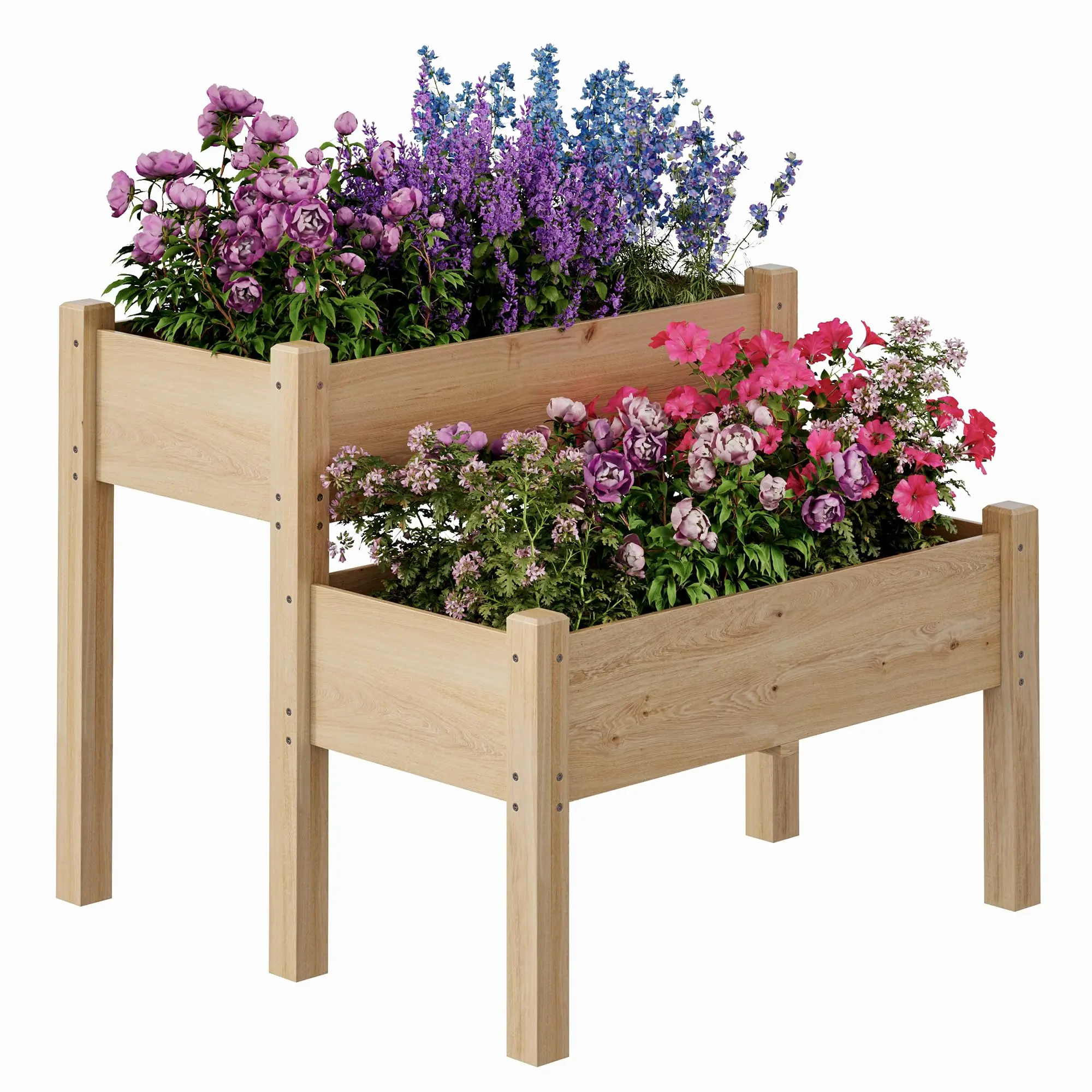 Garvee Raised Planter with 2 Shelves, 83.8 x 83.8 x 73.7 cm, Made of Fir Wood, with Legs, 8 Drainage Holes, 220 Capacity for Growing Vegetables, Raised Garden Bed for Outdoors, Yard, Patio
