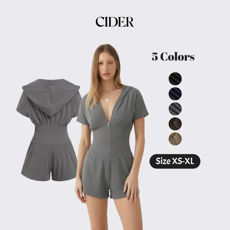 Cider Textured V-neck Ruched Front Romper with Zipper and Hood - Casual Sporty style Jumpsuit Womenswear SummerWins SummerFinds