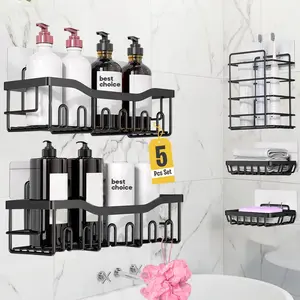 Shower Organizer Caddy Set of 5 - 2 Large Stainless Steel Shower Racks with 20 Hooks, 2 Soap Holders, 1 Toothbrush Holder - No-Drilling Adhesive Wall-Mounted Bathroom Storage Solution
