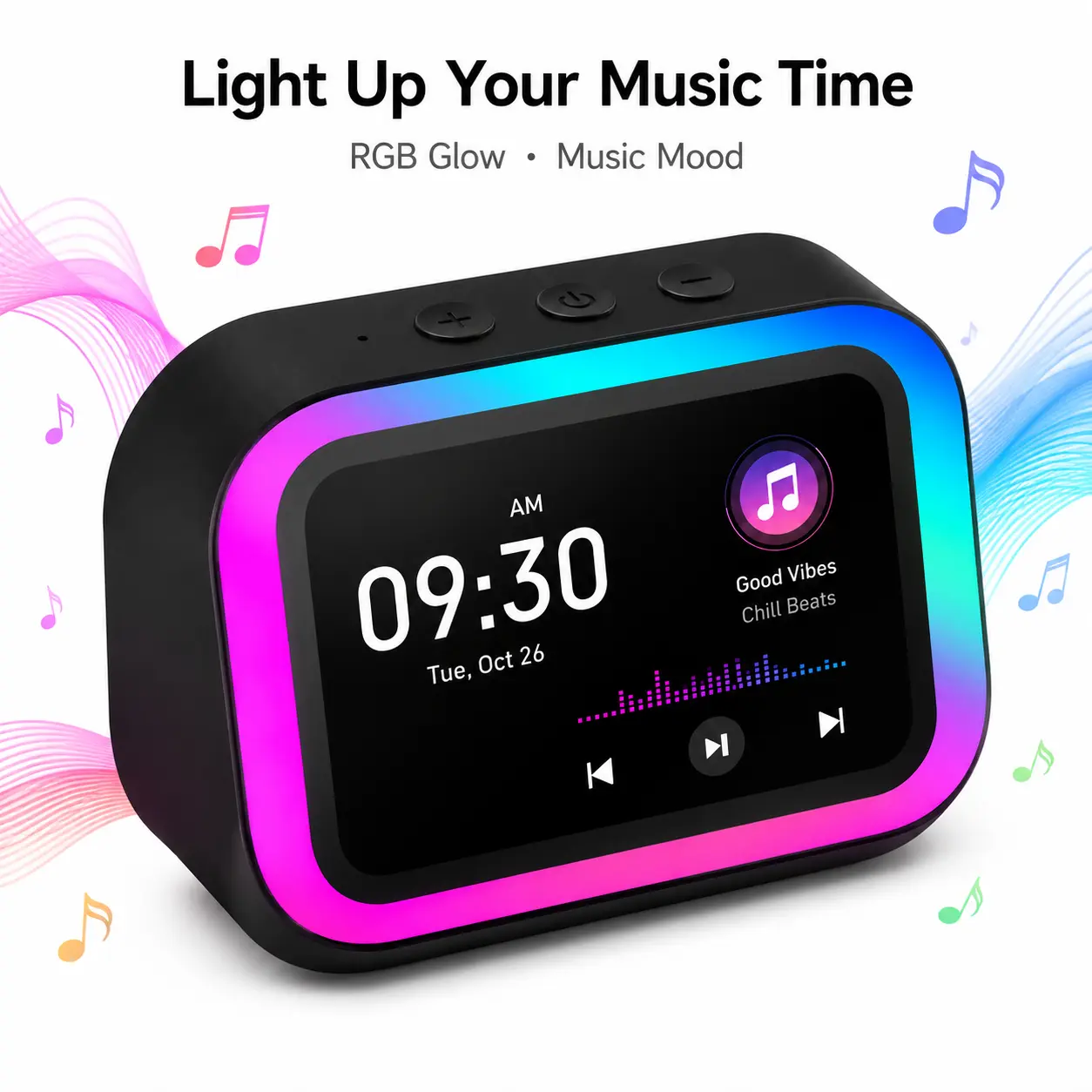 RGB Smart Alarm Clock Speaker - Compact Hi-Fi Stereo Device with Smart Digital Display, Bluetooth, Wireless Song Playback, Voice Assistant, Wireless Call, Weather Info, Customizable Wallpaper, Batteries, Audio Support, Daily Living Room Bedroom Decor, Wit