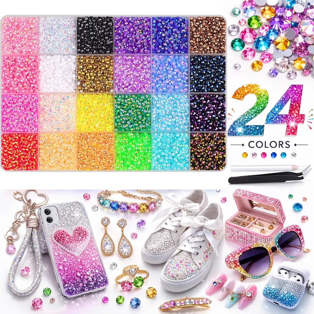 30000PCS Large Volume Jelly Glitter Rhinestones Crafting Kit - 24-Color 3mm Flat Back Synthetic Resin Beads with Tools for DIY Nails, Craft Projects
