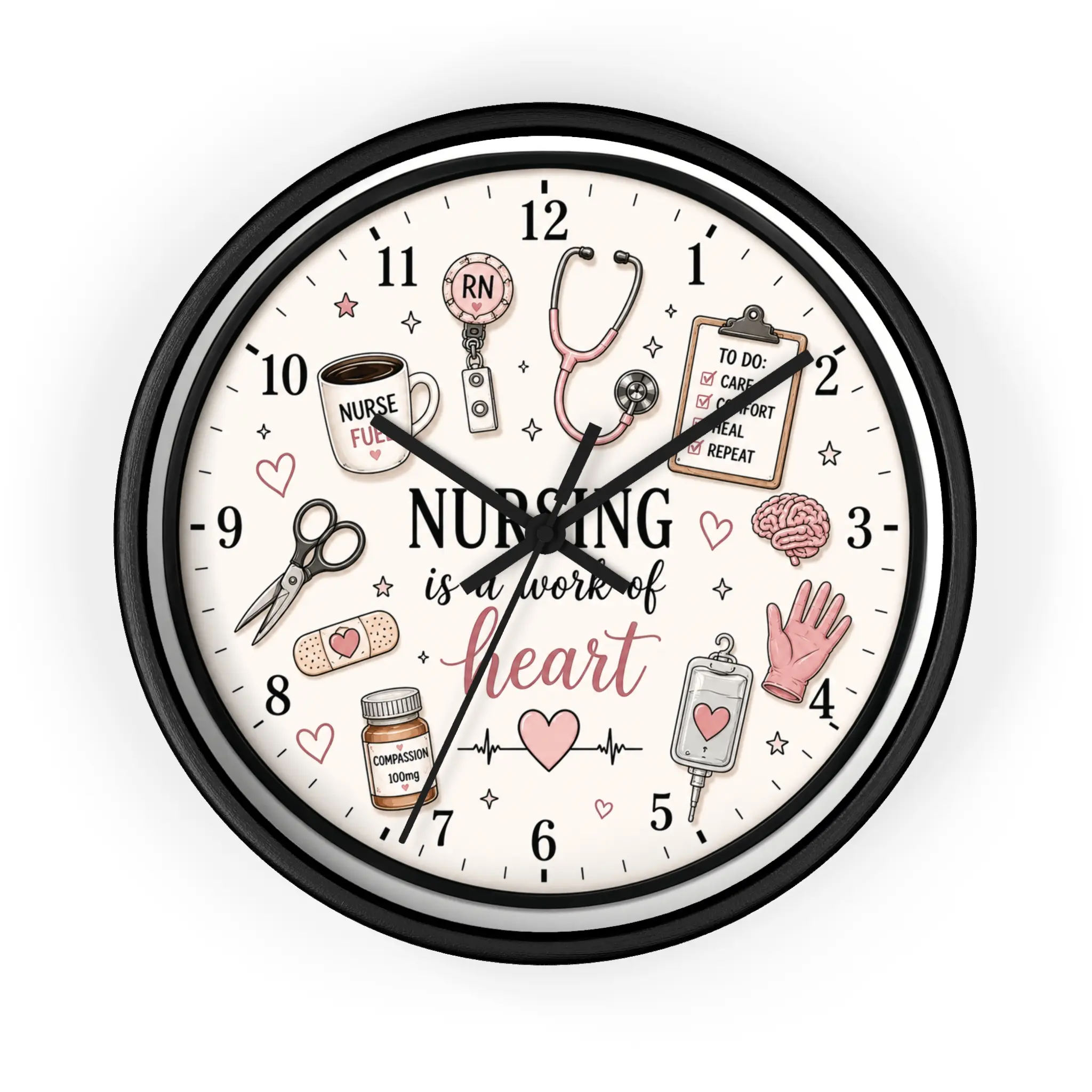 Nursing Is A Work Of Heart Analog Wall Clock - Nurse Theme, Medical Icons, Indoor Decor, Metal Mechanism, Hook, No Drill Mount Home Decor Clock