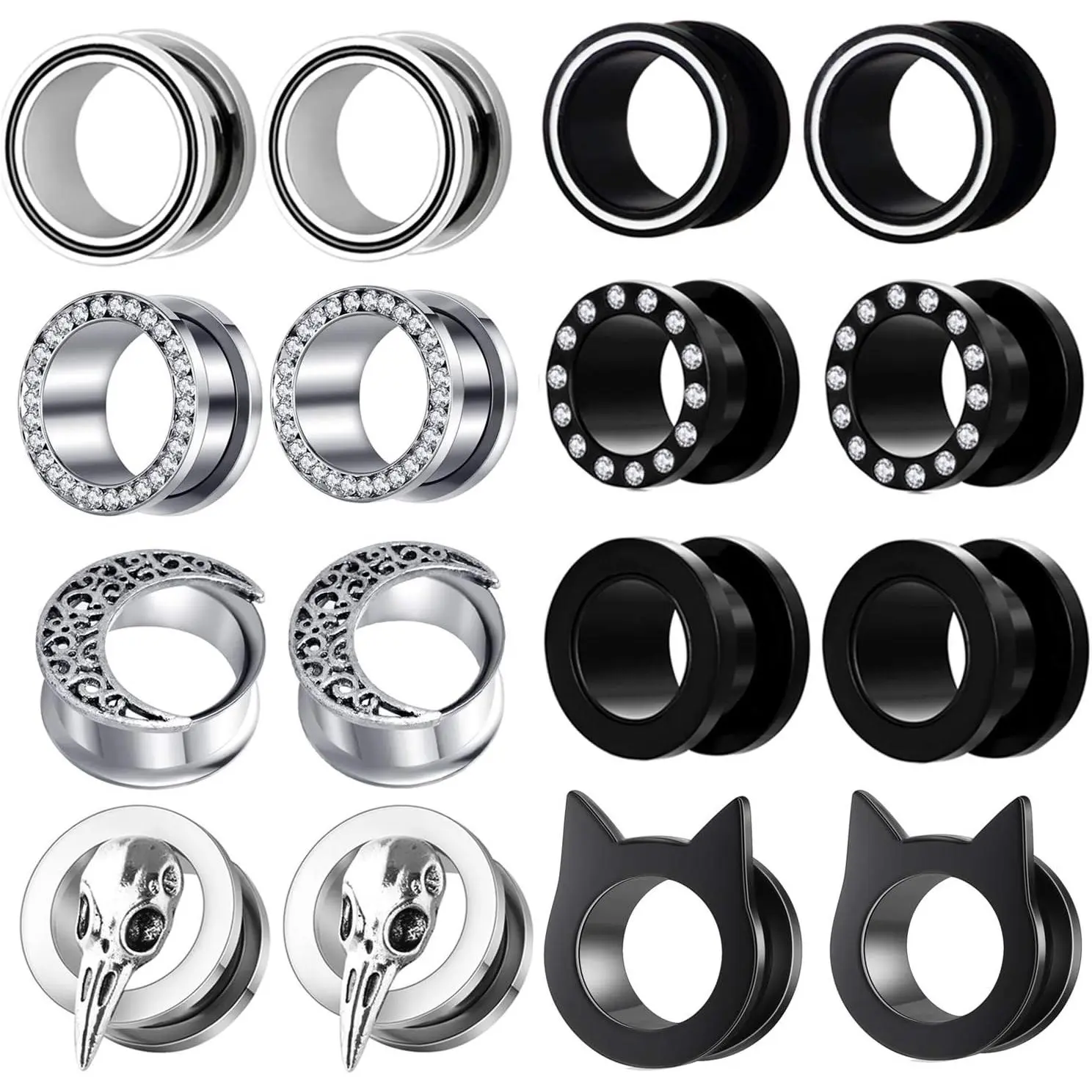 8 Pairs Surigcal Stainless Steel Ear Gauges Black Plug Tunnels for Men Women Screw Hollow Earrings Gauges For Ear 00g 2g 0g -5/8'' inch Piercings Stretcher Set