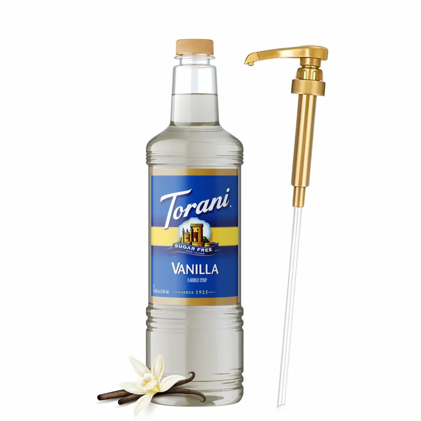 Torani Sugar Free Vanilla Sweet Flavored Syrups, 1L Sugar Free Liquid Bottle with Pump for Beverages