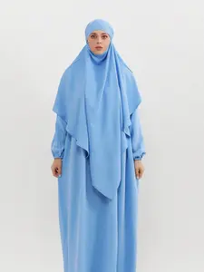 fy7712lanse+toujin(1-Piece Light Blue Crinkle Abaya with Matching Layered Khimar, Casual Modest Muslim Prayer Dress)