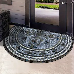 Half Round Entrance Rug, Blue Vintage Mosaic Pattern Door Mat, Easy Clean Floor Decor Home Decorative Rug for Living Room and Bedroom Entryway, Minimalist Aesthetic, Durable Area Rugs