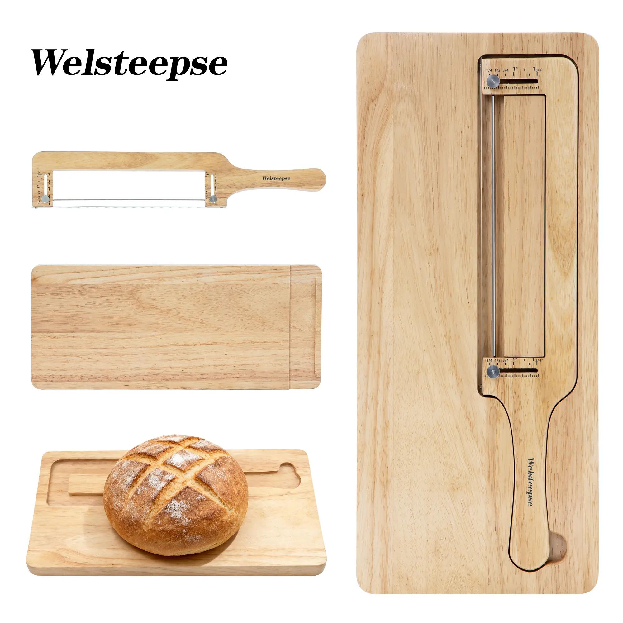 WELSTEEPSE 2-in-1 Compact Kitchen Set - Thin Serrated Stainless Steel Bread Knife & Rubberwood Chopping Board with Magnetic Storage, Eco-Friendly, Adjustable Thickness Settings for Precision Adjustable Slicing of Artisan Bread, Baker Gift