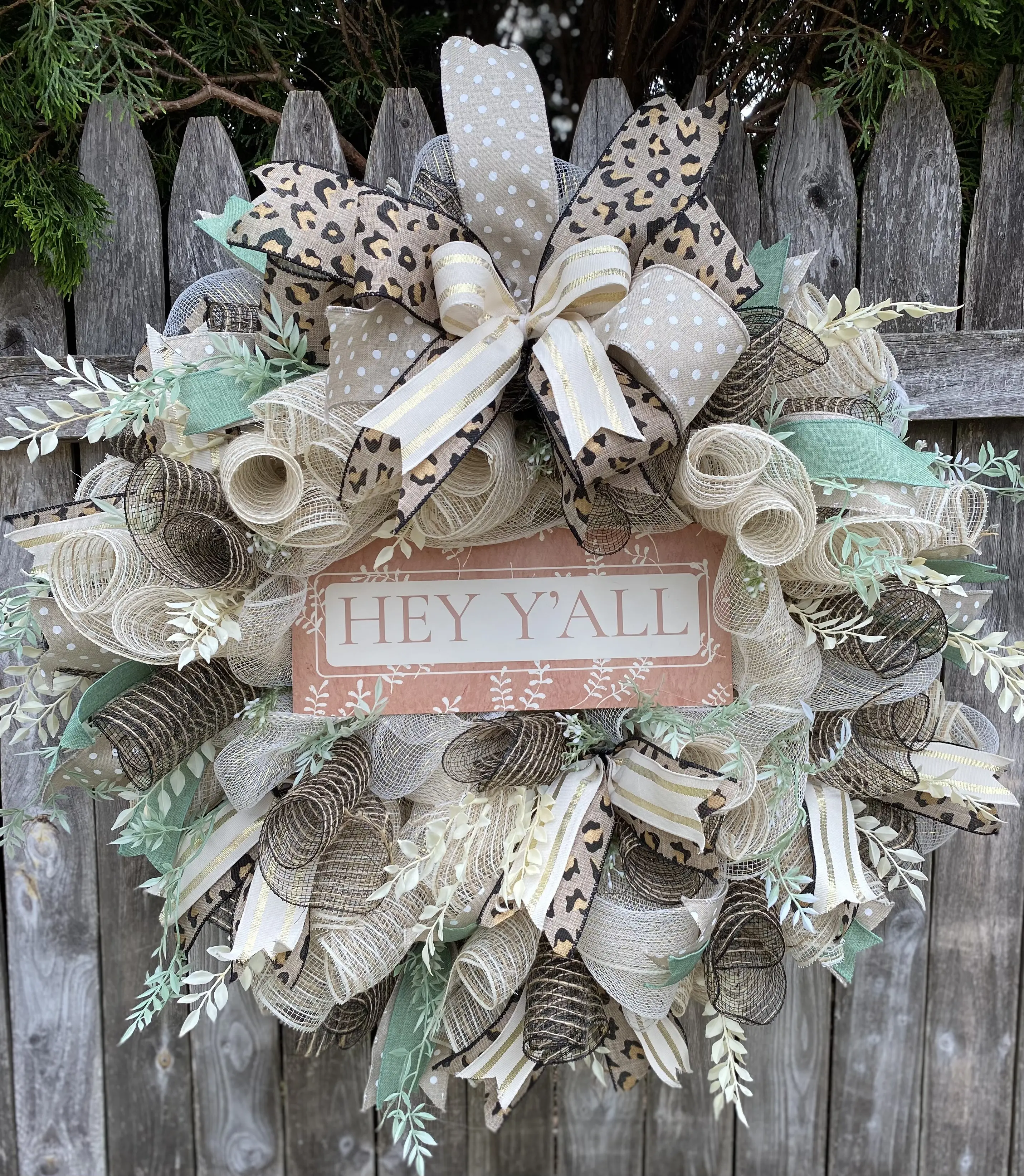 Handcrafted Deco Mesh And Floral Wreath With Ribbon And Metal Sign Embellishment