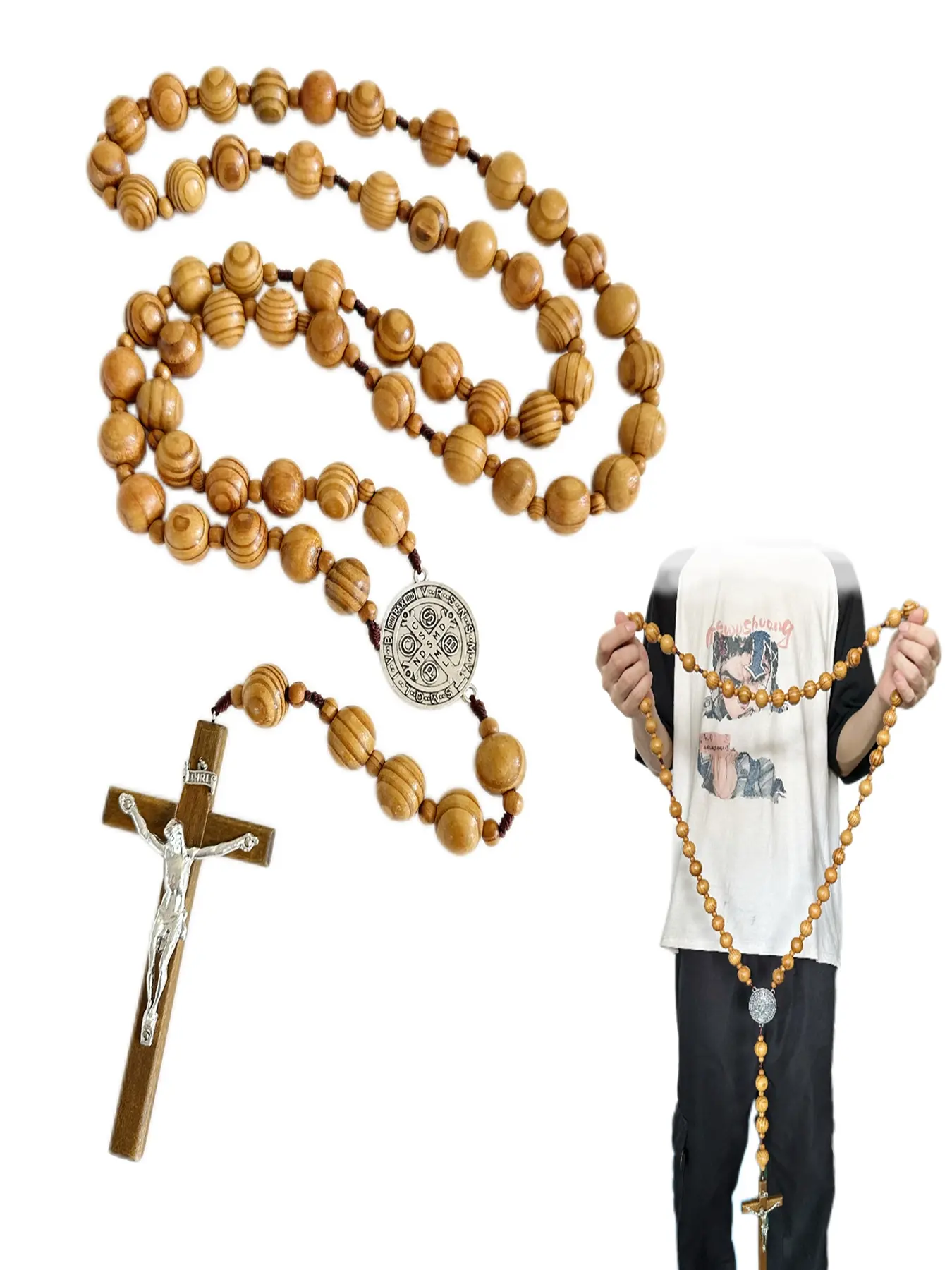 Handmade Wooden Wall Cross with San Benito Medal, 40 Inch Large Crucifix, Big Brown Wood Rosary Beads Catholic Wall Decor Catholic Gifts, Religious Home Decor, Wooden Cross Decorations