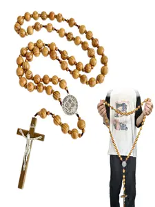 Handmade Wooden Wall Cross with San Benito Medal, 40 Inch Large Crucifix, Big Brown Wood Rosary Beads Catholic Wall Decor Catholic Gifts, Wooden Cross Decorations
