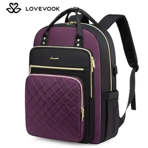 LOVEVOOK Laptop Backpack with USB Port,Multi-Compartment Laptop Bag for College, Nursing, Travel, Quilted Work Bags for Women,Color-Block Carry On Backpack, Gift for Valentine's Day.