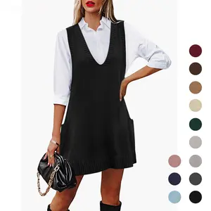 Women's Sleeveless V Neck Knit Sweater Vest Dress Casual Pullover with Side Pockets for Spring Basic Minimalist