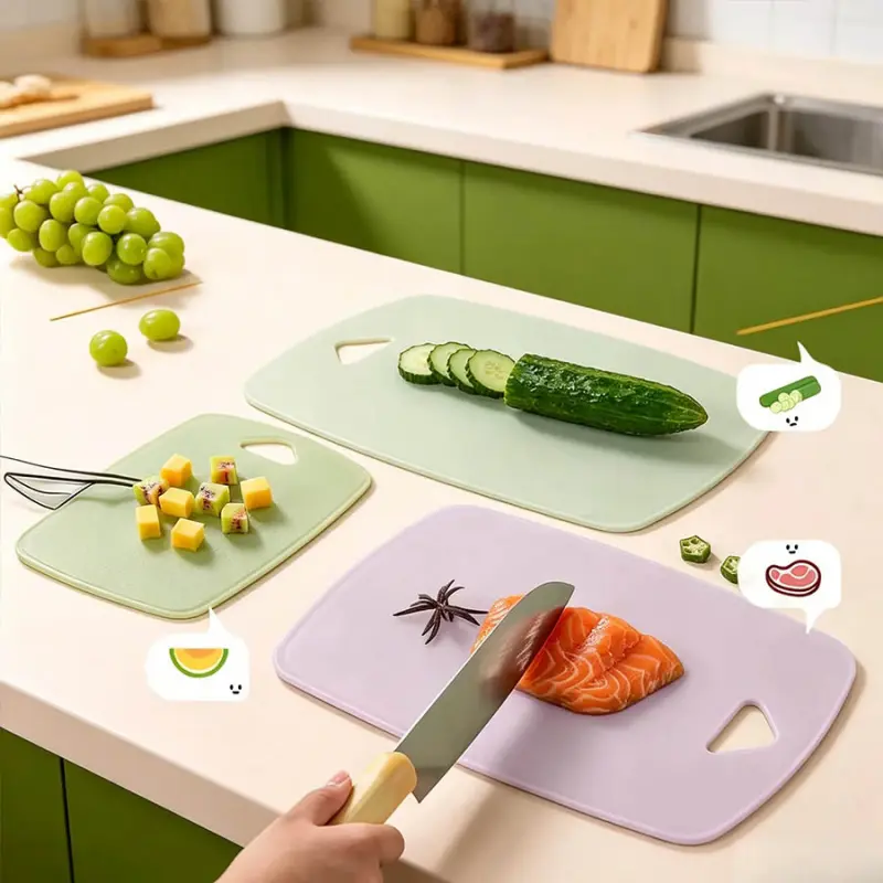 3-piece set of multi-color partitioned plastic cutting boards, made of food grade thickened material, with a portable hanging handle, anti slip and cutting resistant, suitable for meat, vegetables and fruits, and a healthy cooking tool for home kitchens