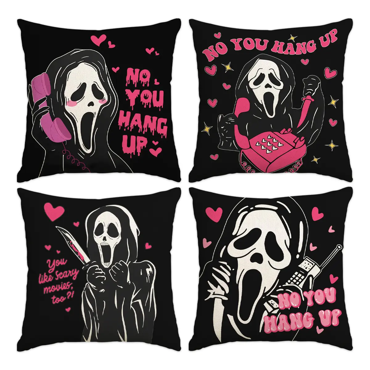 4pcs Halloween Pillow Cover, Couch Cushion Covers For Sofa, Black Horror Face Killer Party Decoration Pillowcase, Scream Printed Pillow Cover, Suitable for Bedroom, Living Room, Sofa, Bed, Car Decoration Pillow Cover, Halloween Decoration (No Pillow Core)