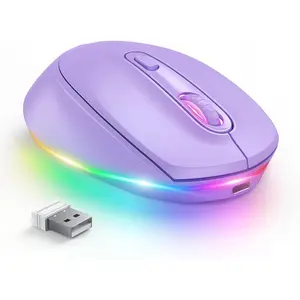 Wireless Mouse, Rechargeable Light Up Mouse For Laptop, Small Cordless Mice With Quiet Click LED Rainbow Lights For PC Computer Kids Chromebook Windows Mac, Purple