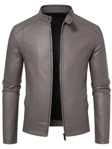 Men's Solid Pocket Faux Leather Jacket, Regular Fit Casual Comfy Warm Long Sleeve Outerwear for Daily Wear, Men's Clothing for Fall & Winter, Coats