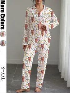 Women's Fall Winter Pajama Set Loungewear, Highland Cow & Floral Print, Button Front Long Sleeve Top, Elastic Pants, Soft Stretchy Fabric