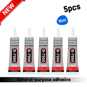 5 tubes of clear glue, ideal for attaching rhinestones, making jewelry, and bonding beads. 15 ml of B-7000 semi-fluid high-viscosity glue, suitable for clothing, footwear, textiles, smartphone screen repairs, metal, gemstones, nail art, and glass.