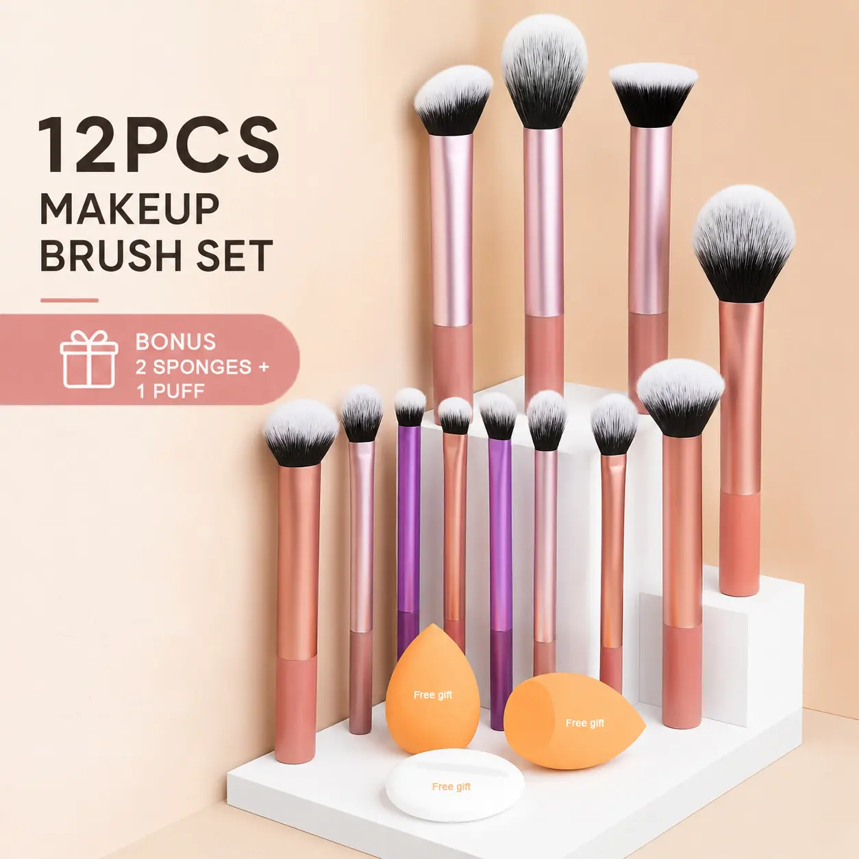 Professional Makeup Brush Set with 12 Brushes, Face Makeup Brushes, 2 Beauty Sponges, 1 Powder Puff, Blush Brush, Loose Powder Brush, Artist Brush Set, Cosmetic Brush Set