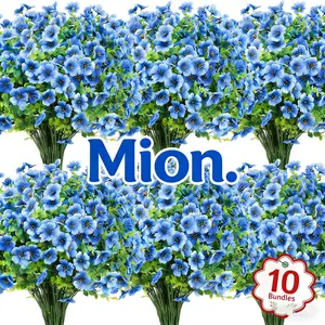 Mion Decor 10 Bundles Blue Artificial Flowers UV Resistant Fake Silk 13.8" Tall for Indoor Outdoor Home Garden Porch Window Box Table Vase Decoration