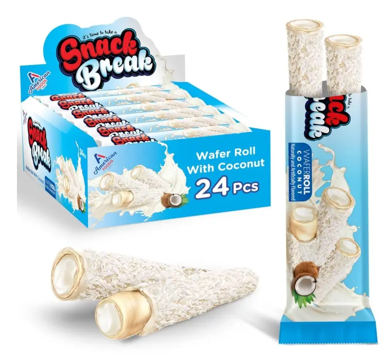 24 PCS Snack Break Coconut Wafer Rolls, Rolled Wafer Cookies, Coconut Coated Delicious Snack, Individually Wrapped, Crunchy Sticks for On-the-Go, Coffee, Tea