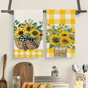 Daisy Floral Print Sunflower Kitchen Towels, 2-Piece Set, 16x24 Inches, Reusable, Ideal for Cooking, Baking, Cleaning