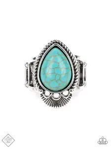 Rural Rapids - Blue Turquoise Stone Teardrop with Silver Textured Frame and Airy Hoops and Studded Lines Frame the Bottom Silver Stretchy Ring