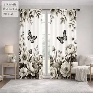 2 Pcs Elegant Floral Butterfly Pattern Digital Printed Rod Pocket Curtains for Bedroom Office Kitchen Living Room Study Home Decor