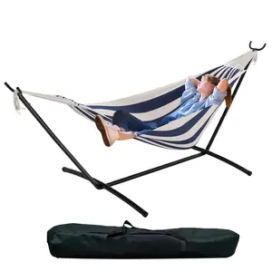 Garvee Double Hammock with Stand, 450 Pounds Resistant, Portable Cotton Hammock for Two Adults, Indoor and Outdoor Use with Travel Bag (Blue and White)