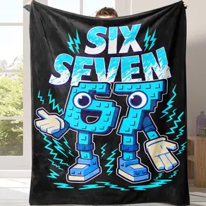 Blue-Black Color Block "67" Number Robot Lightning Flannel Blanket . A warm nap blanket，Lightweight, Warm, Ideal for Sofa, Bed, Travel, Camping, Living Room, Multiple Perfect Gift for Family and Friends Flannel Blanket ﻿